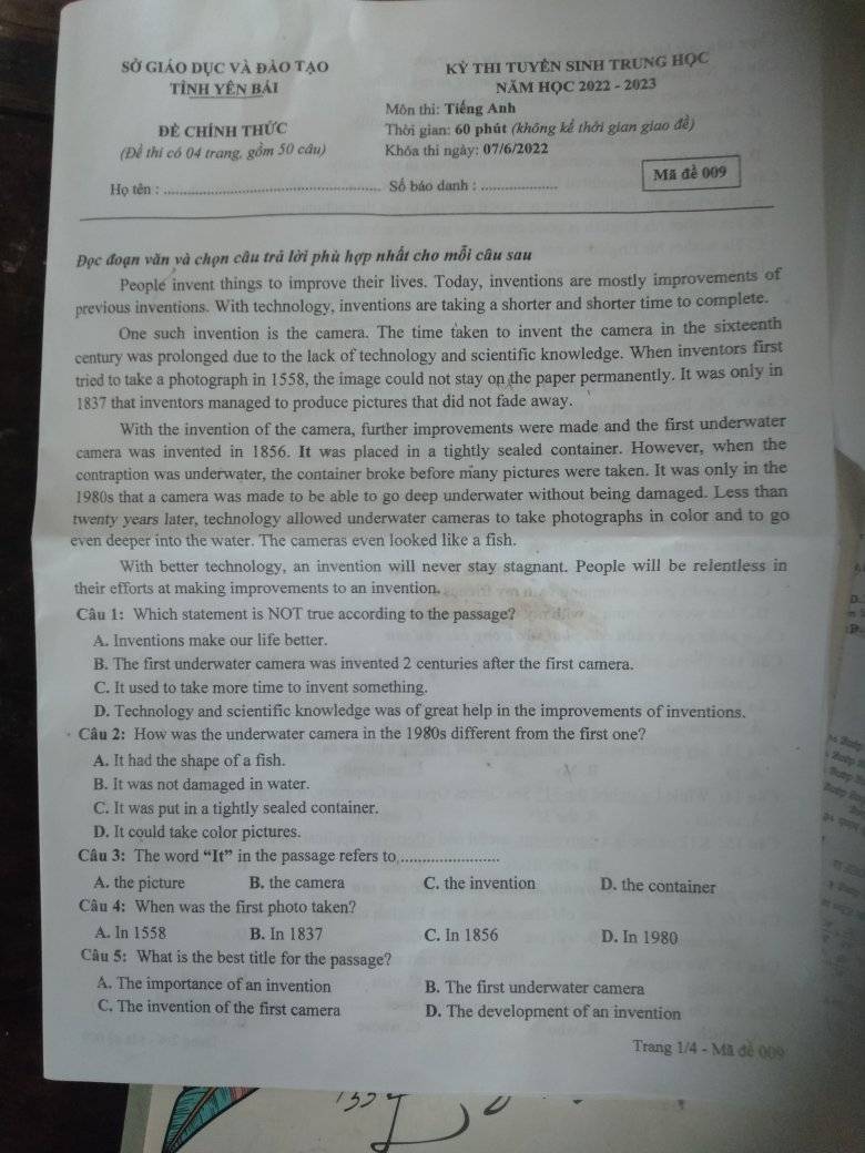 Đề thi vào 10 Tiếng Anh Yên Bái 2022