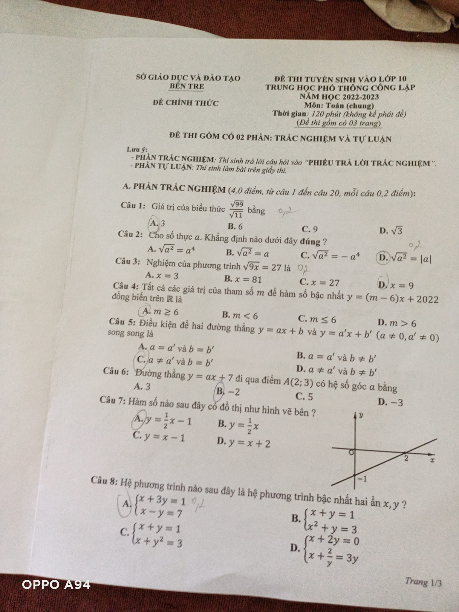 Đề thi vào 10 Toán Bến Tre 2022
