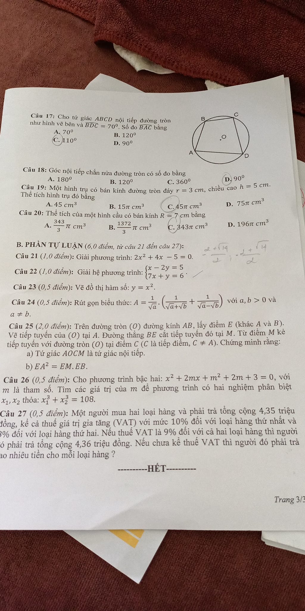 Đề thi vào 10 Toán Bến Tre 2022