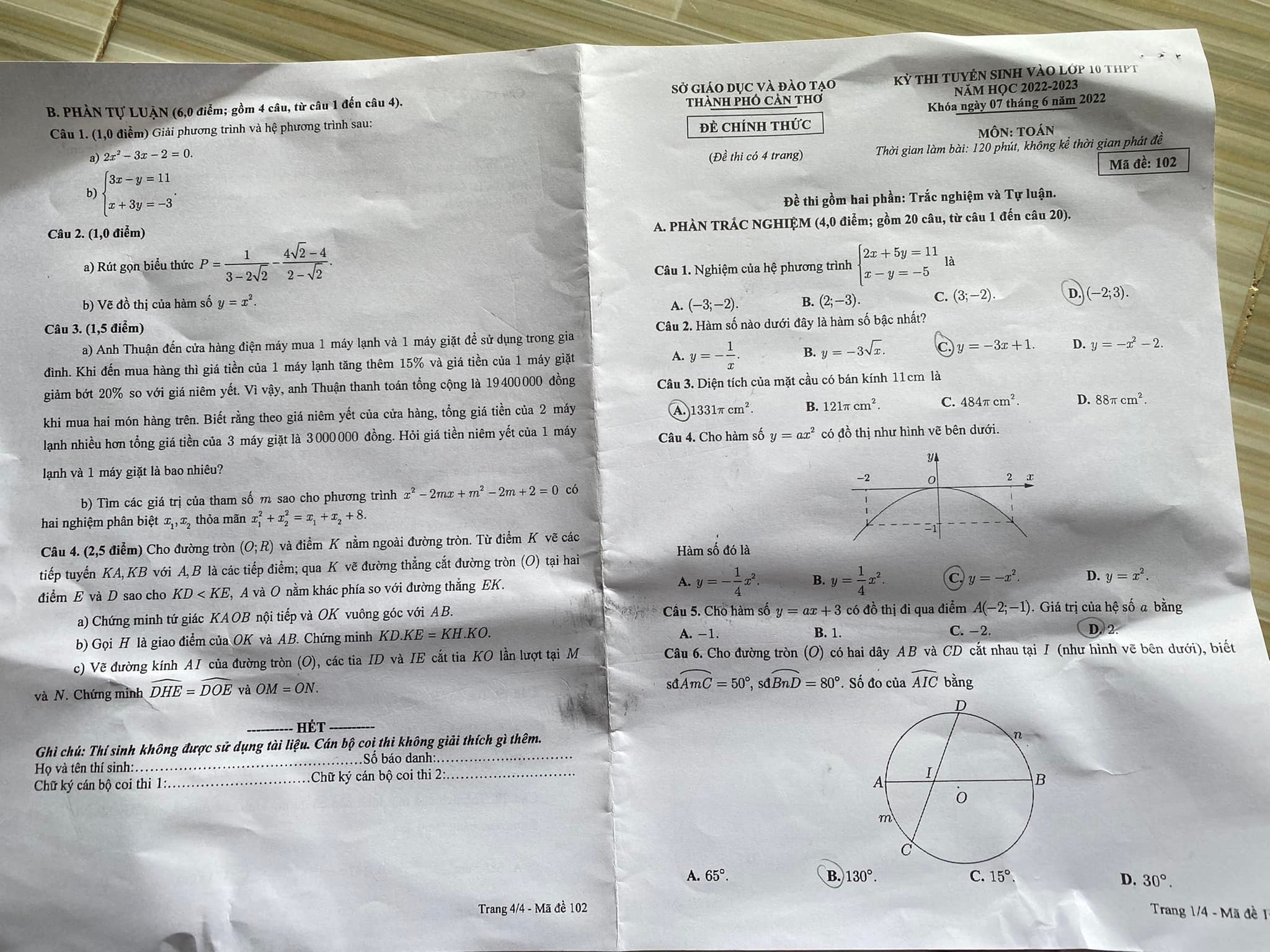 Đề thi vào 10 Toán Cần Thơ 2022