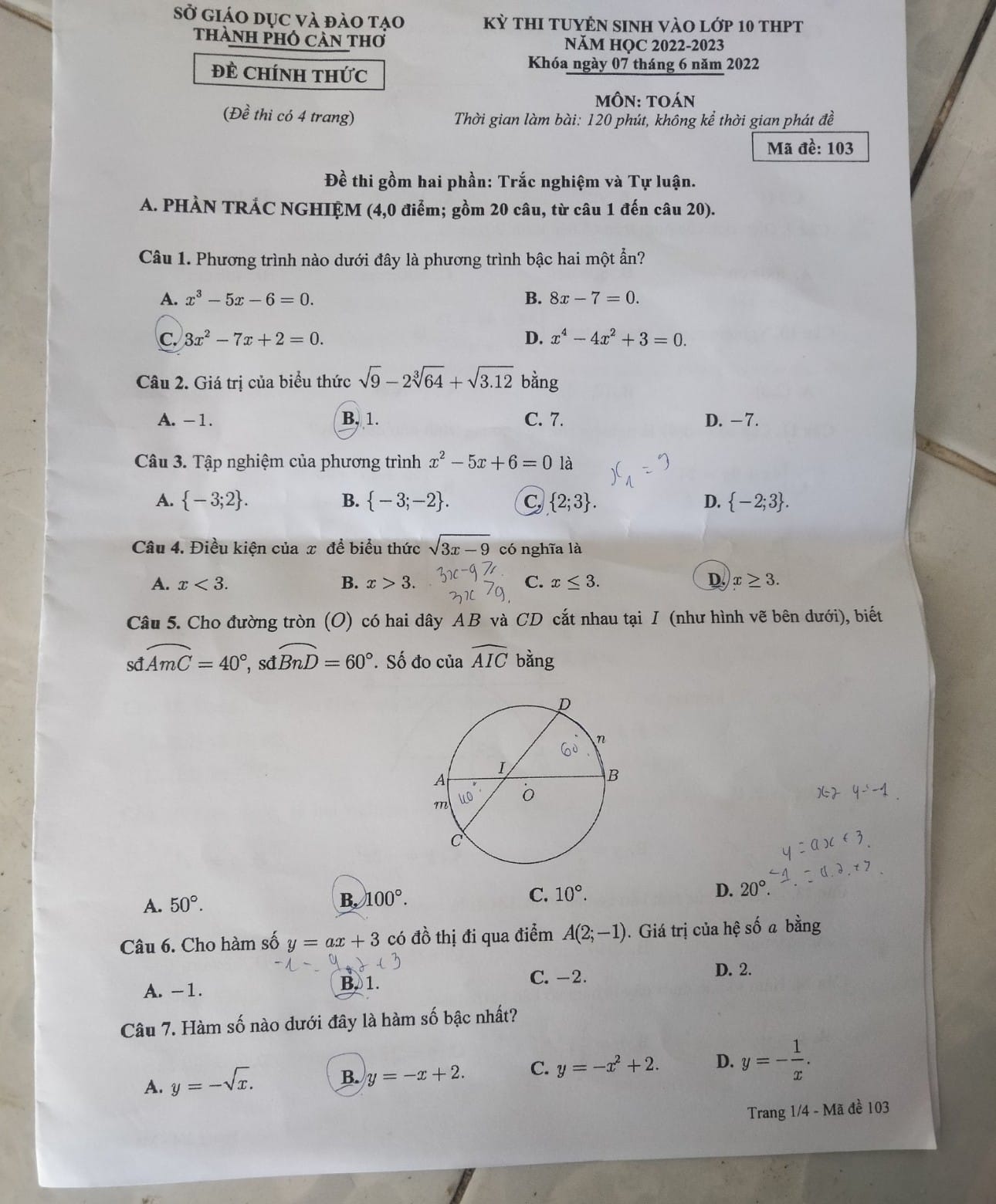 Đề thi vào 10 Toán Cần Thơ 2022