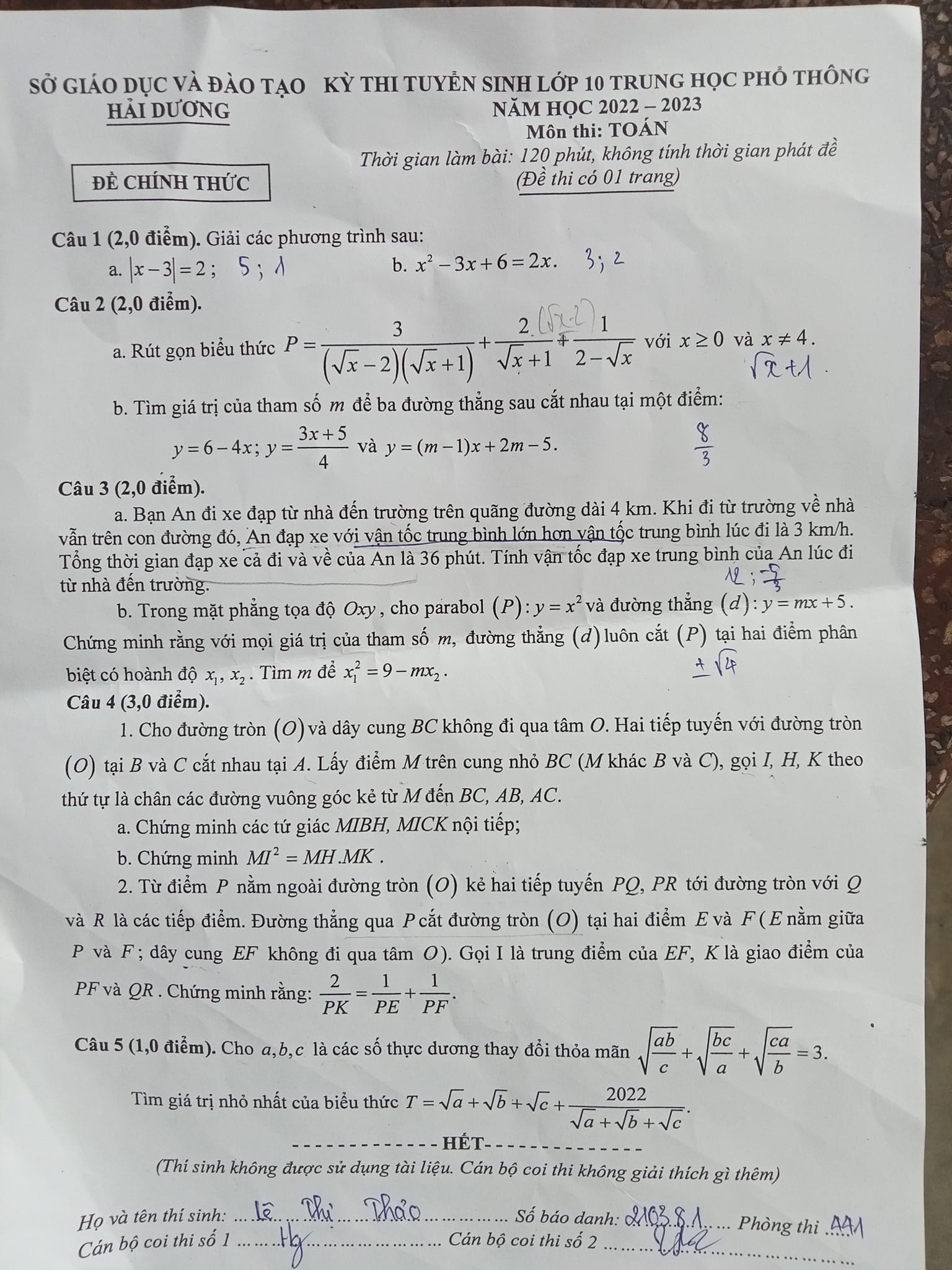 Đề thi vào 10 Toán Hải Dương 2022
