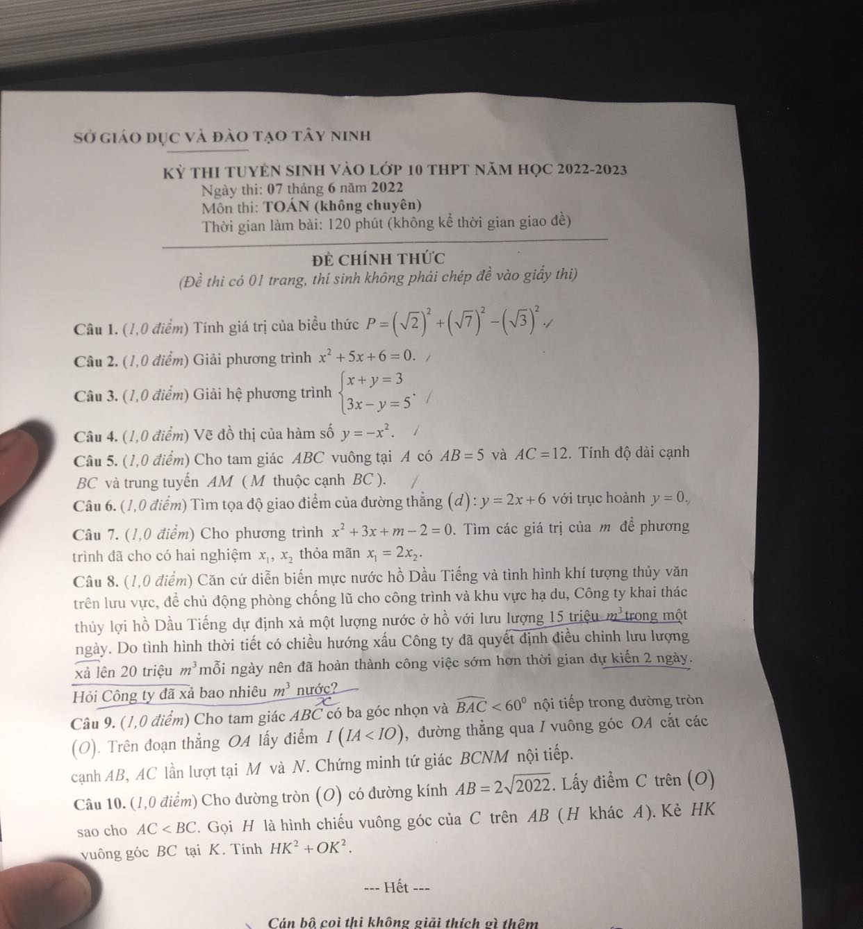 Đề thi vào 10 Toán Tây Ninh 2022