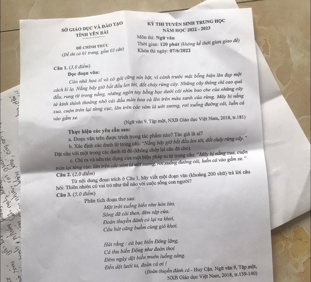 Đề thi vào 10 Văn Yên Bái 2022