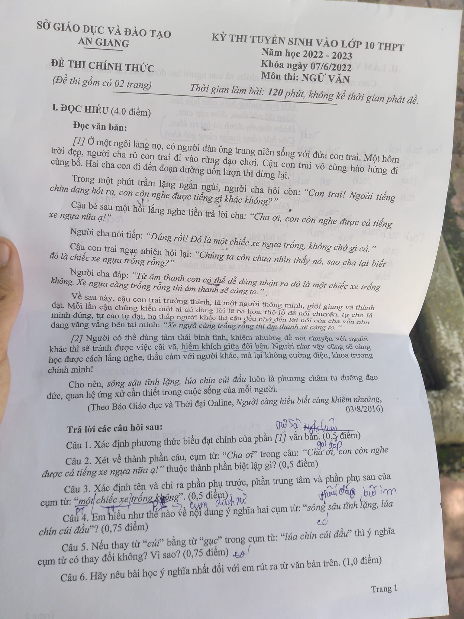 Đề thi vào 10 Văn An Giang 2022