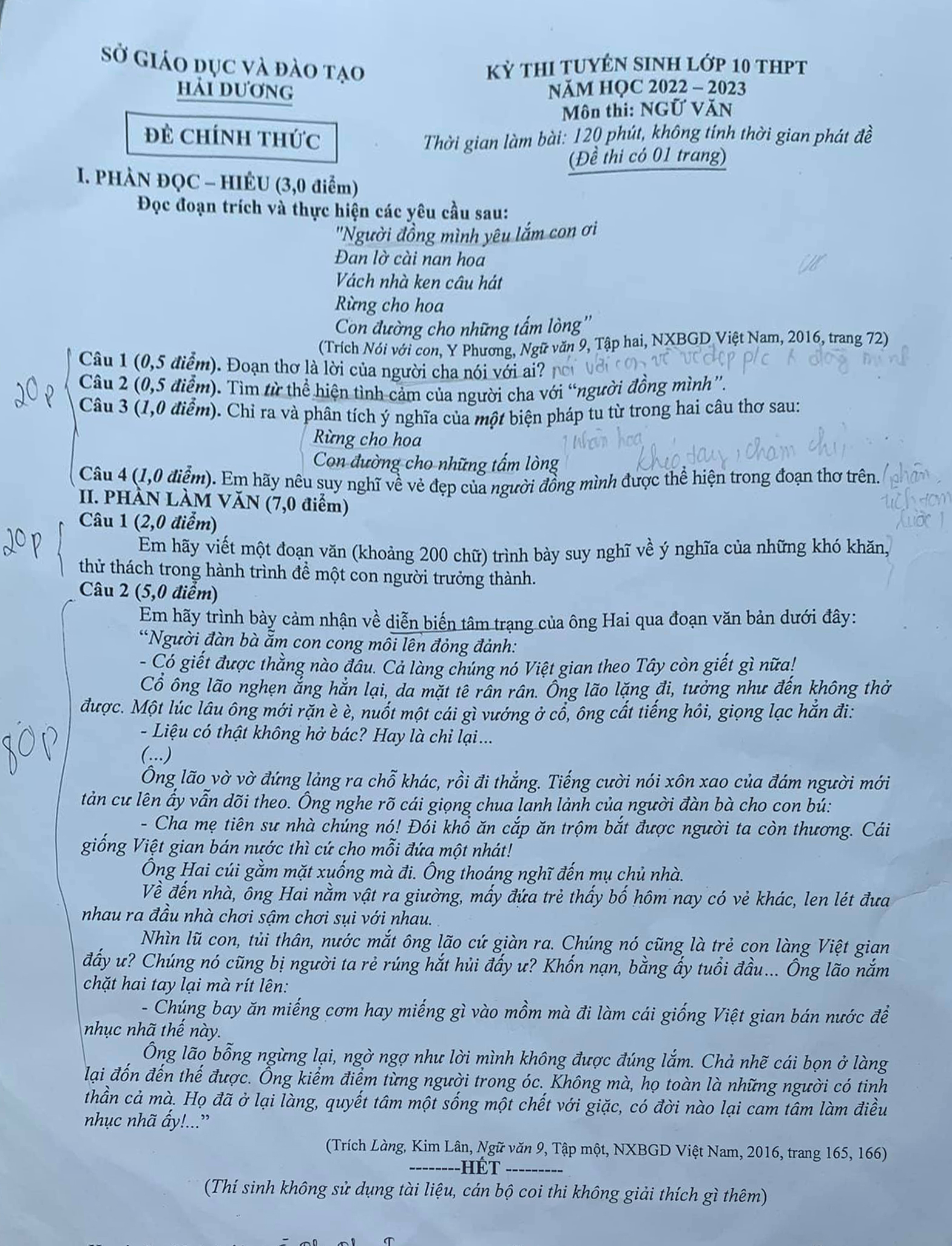 Đề thi vào lớp 10 môn Ngữ văn tỉnh Hải Dương năm 2022