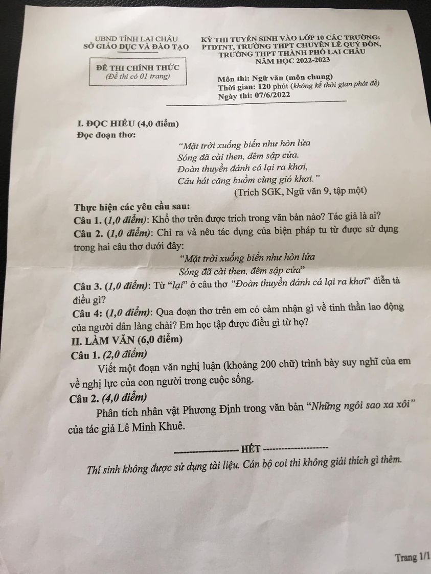 Đề thi vào 10 Văn Lai Châu 2022
