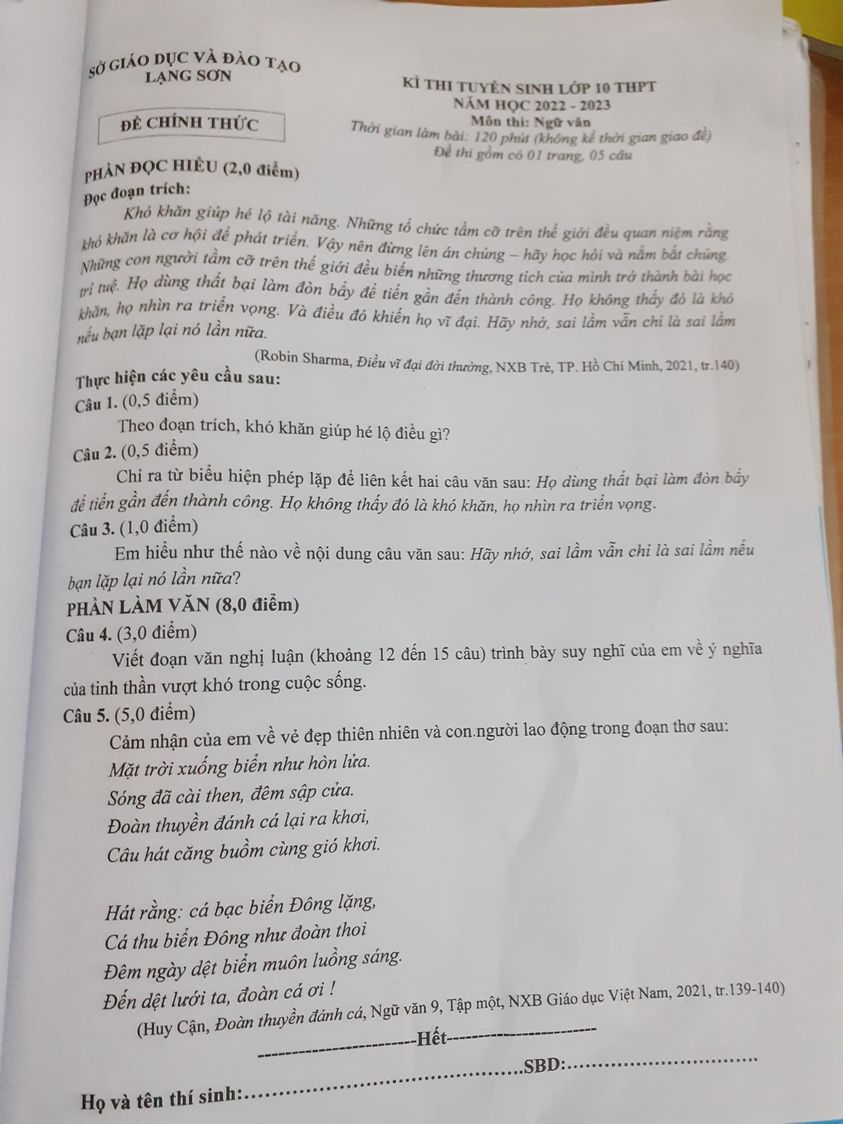 Đề thi vào 10 Văn Lạng Sơn