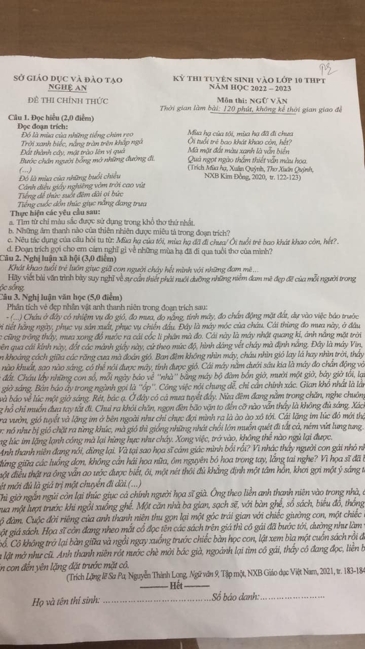Đề thi vào 10 Văn Nghệ An 2022