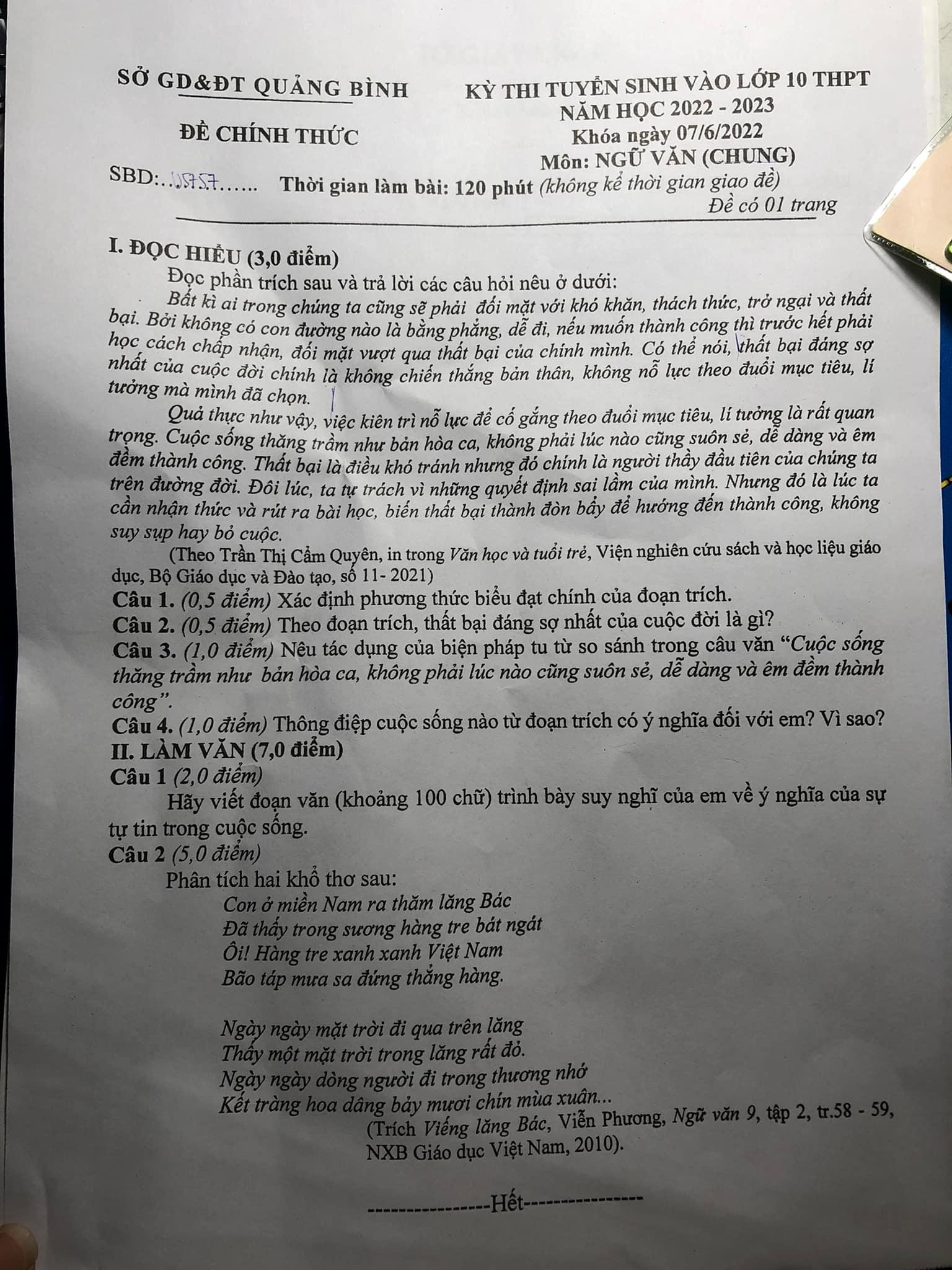 Đề thi vào 10 Văn Quảng Bình 2022