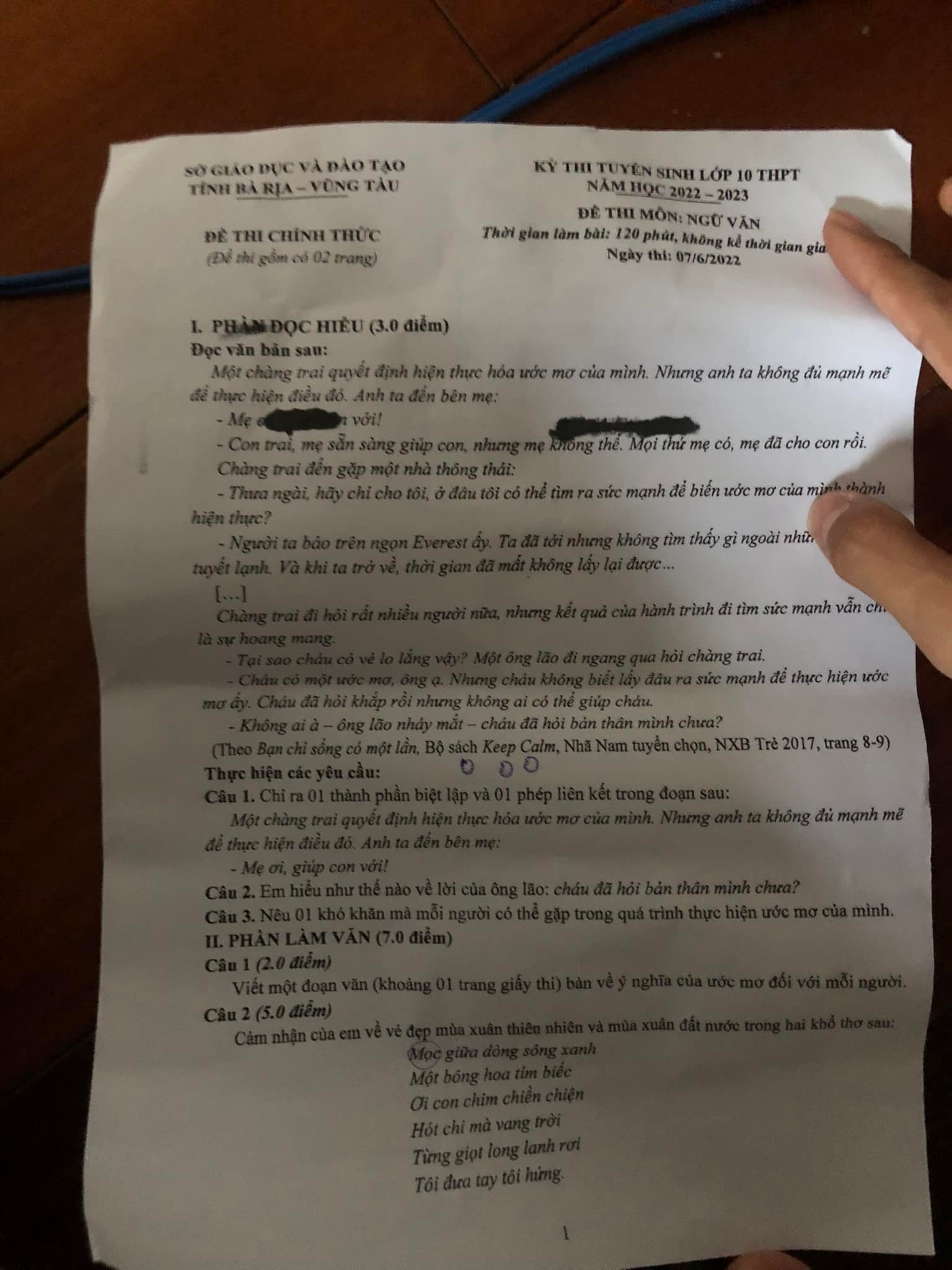 Đề thi vào 10 Văn Vũng Tàu 2022