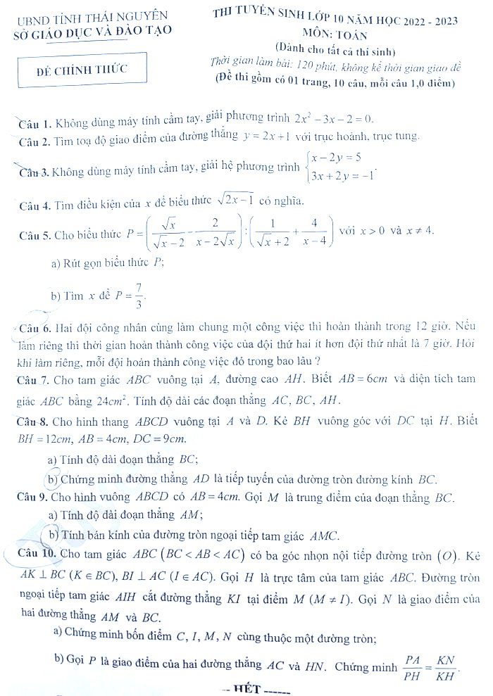 Đáp án thi vào 10 Toán Thái Nguyên 2022