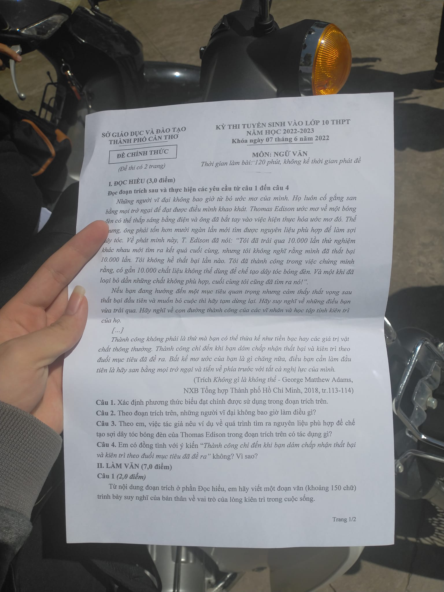 Đề thi Văn vào lớp 10 Cần Thơ 2022