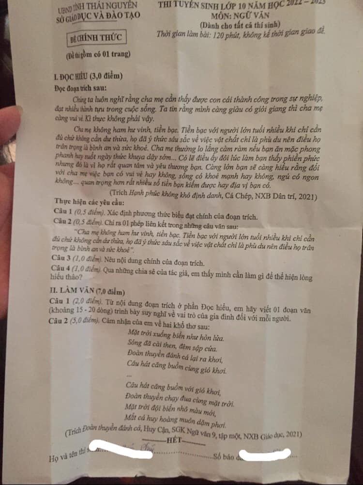 Đề thi vào 10 môn Văn Thái Nguyên 2022