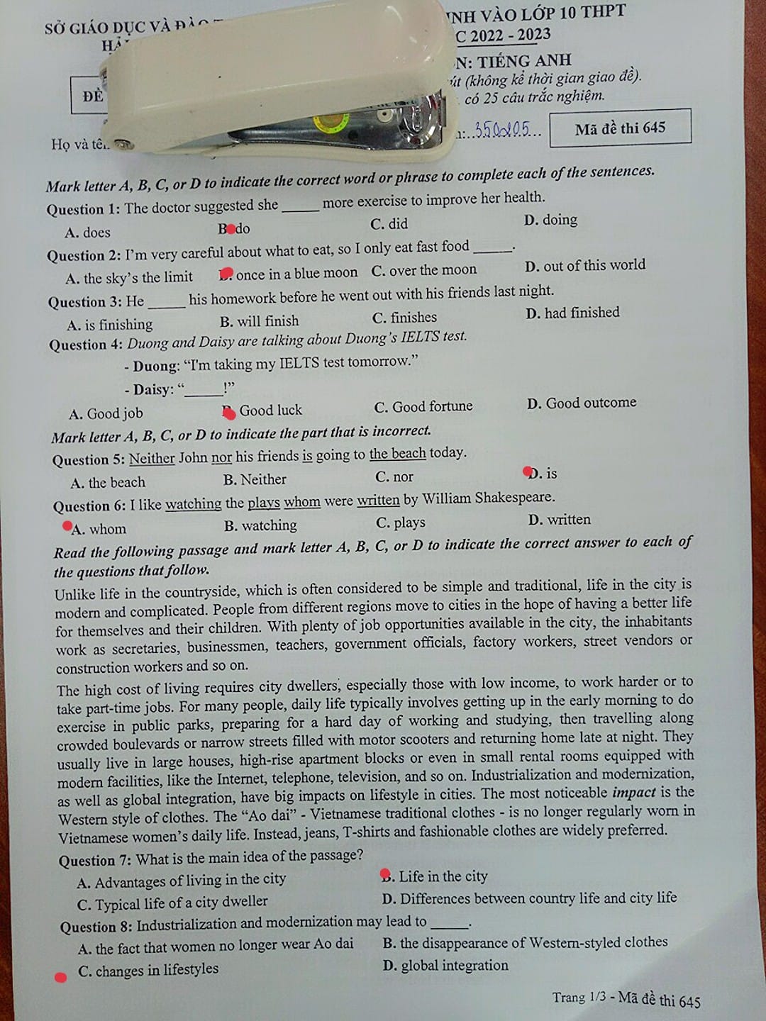 Đề thi vào lớp 10 môn Tiếng Anh tỉnh Hải Phòng năm 2022