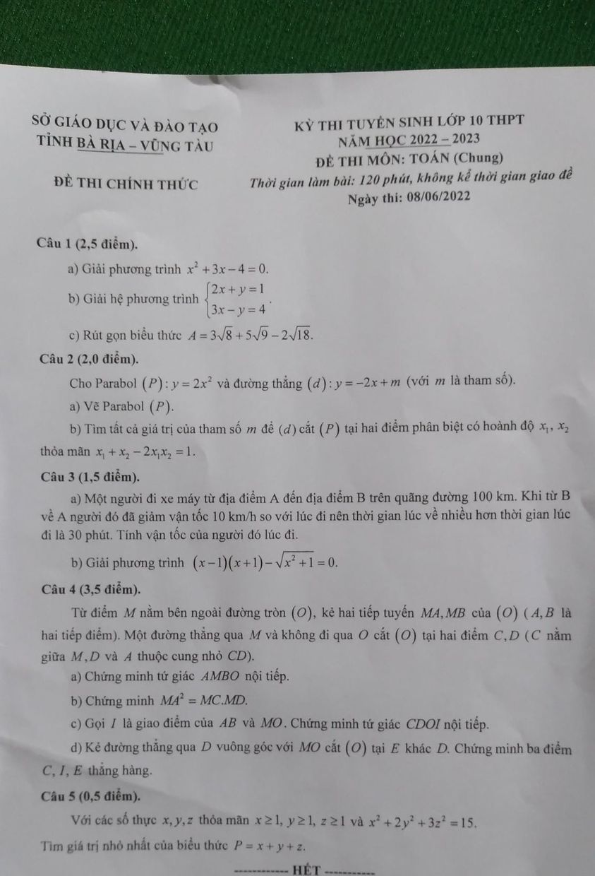 Đề thi vào 10 Toán Vũng Tàu 2022