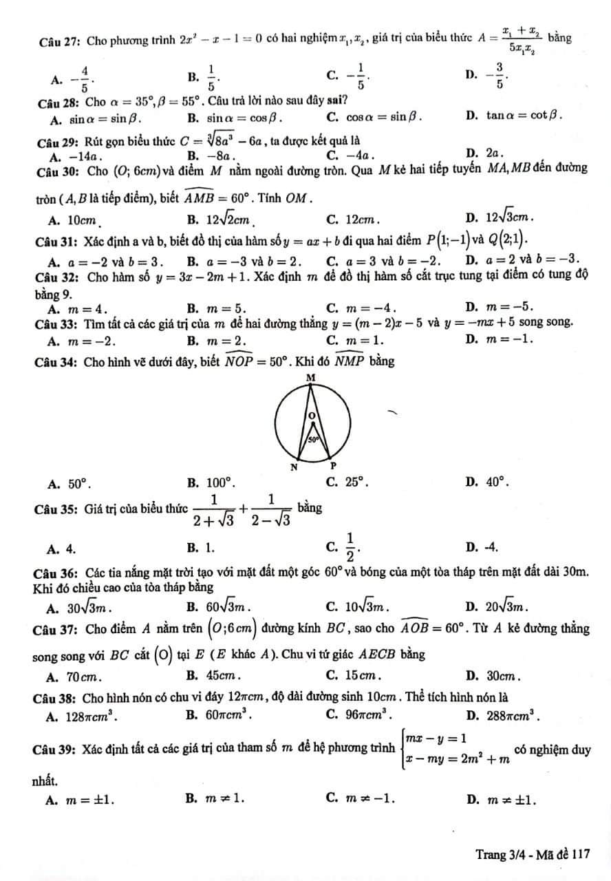 Đề thi vào 10 Toán Hưng Yên 2022