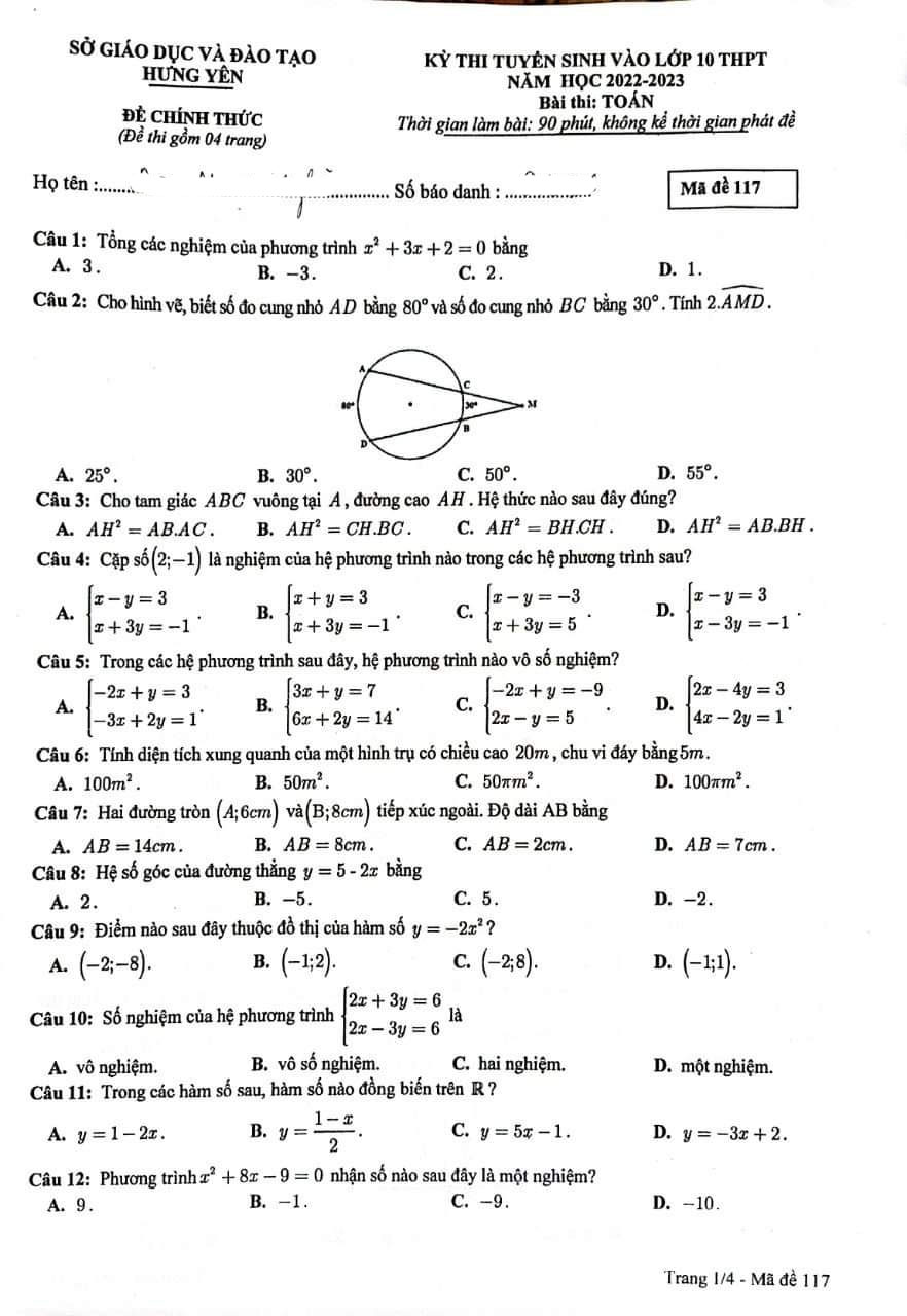 Đề thi vào 10 Toán Hưng Yên 2022