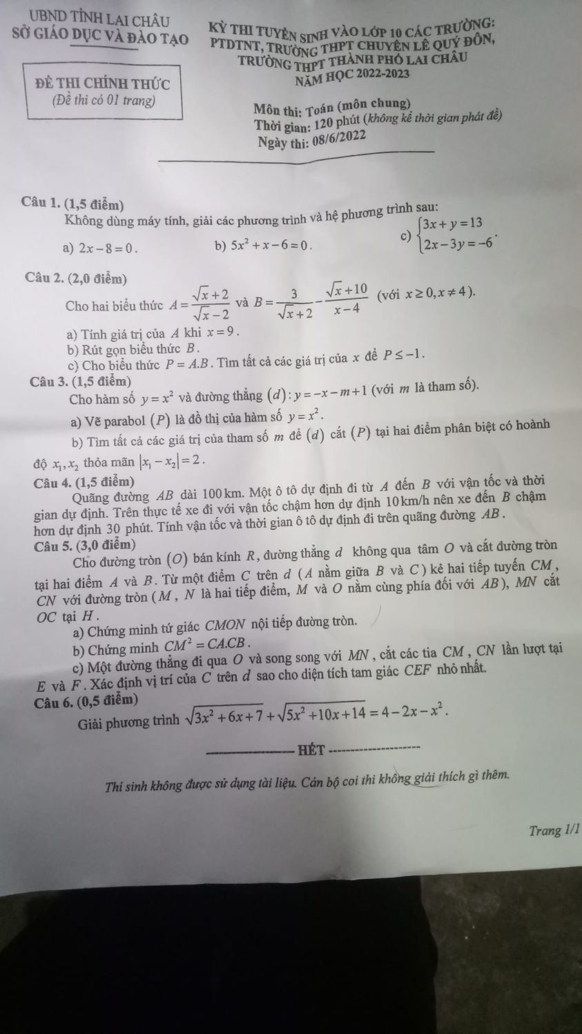 Đề thi vào 10 môn Toán Lai Châu 2022