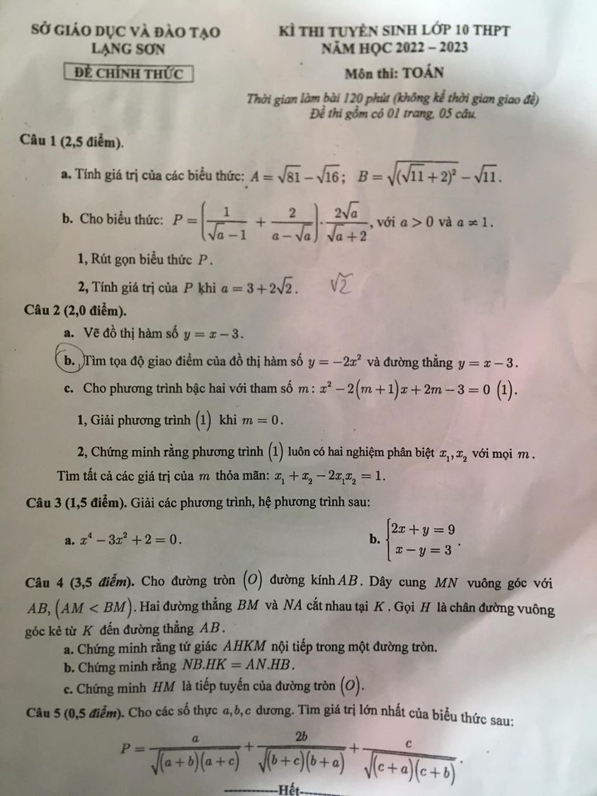 Đề thi vào lớp 10 Toán Lạng Sơn 2022