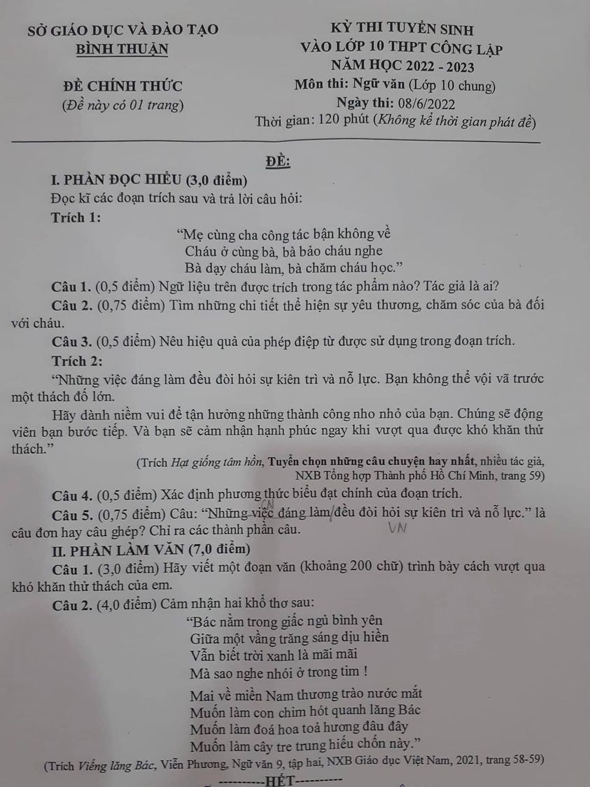Đề thi vào 10 Văn Bình Thuận 2022