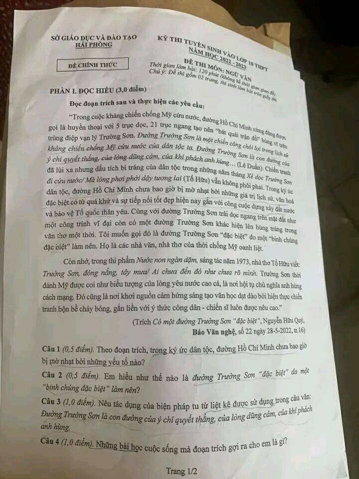 Đề thi vào 10 Văn Hải Phòng 2022