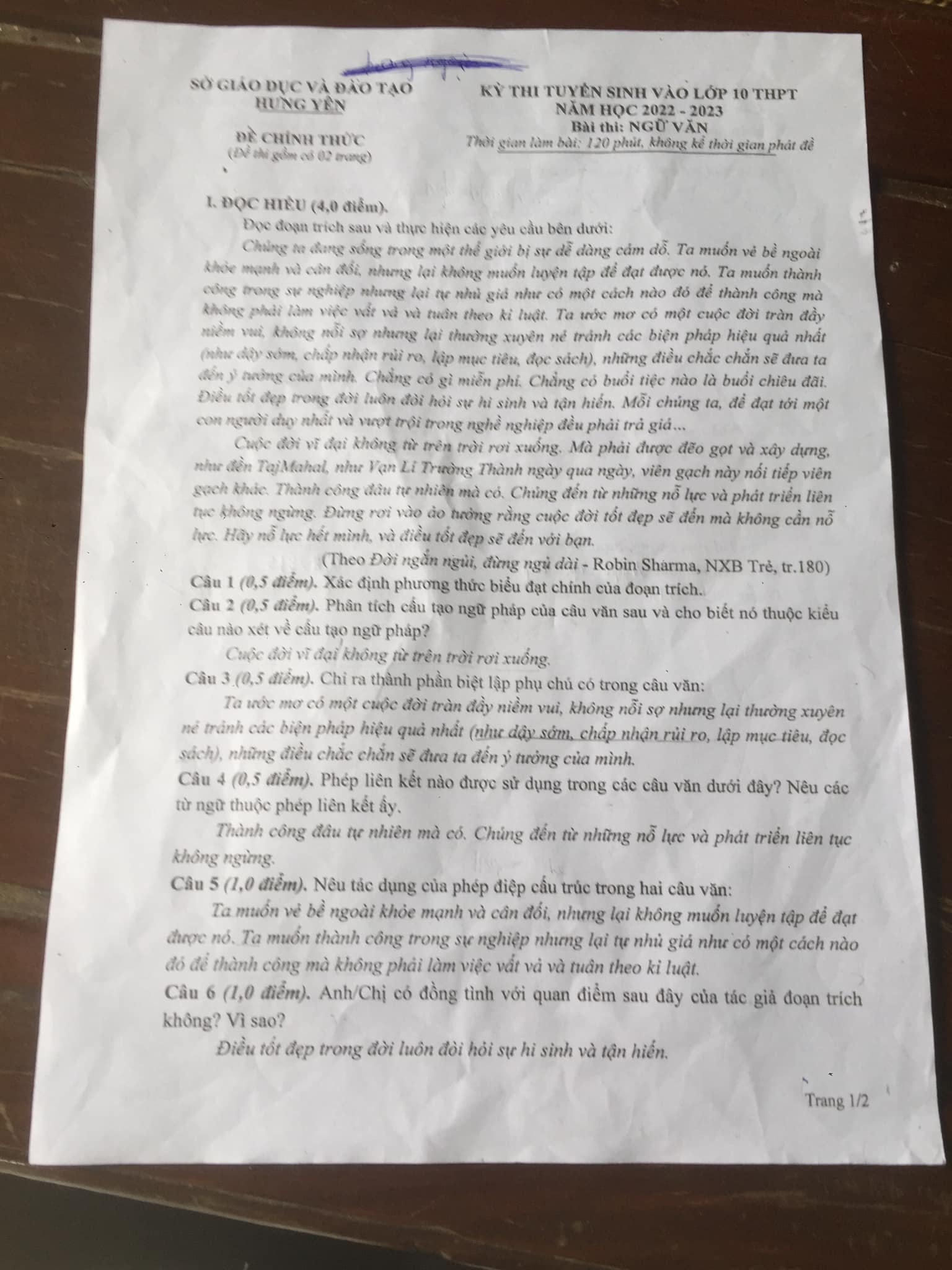 Đề thi vào 10 Văn Hưng Yên 2022