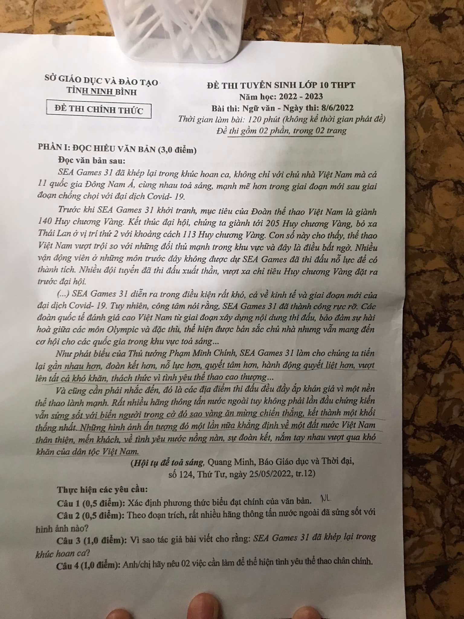 Đề thi vào 10 Văn Ninh Bình 2022