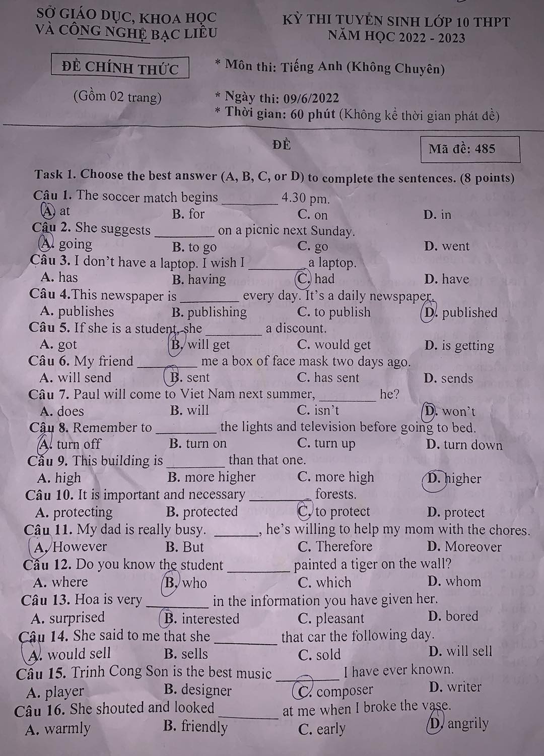 Đề thi vào 10 Tiếng Anh Bạc Liêu 2022