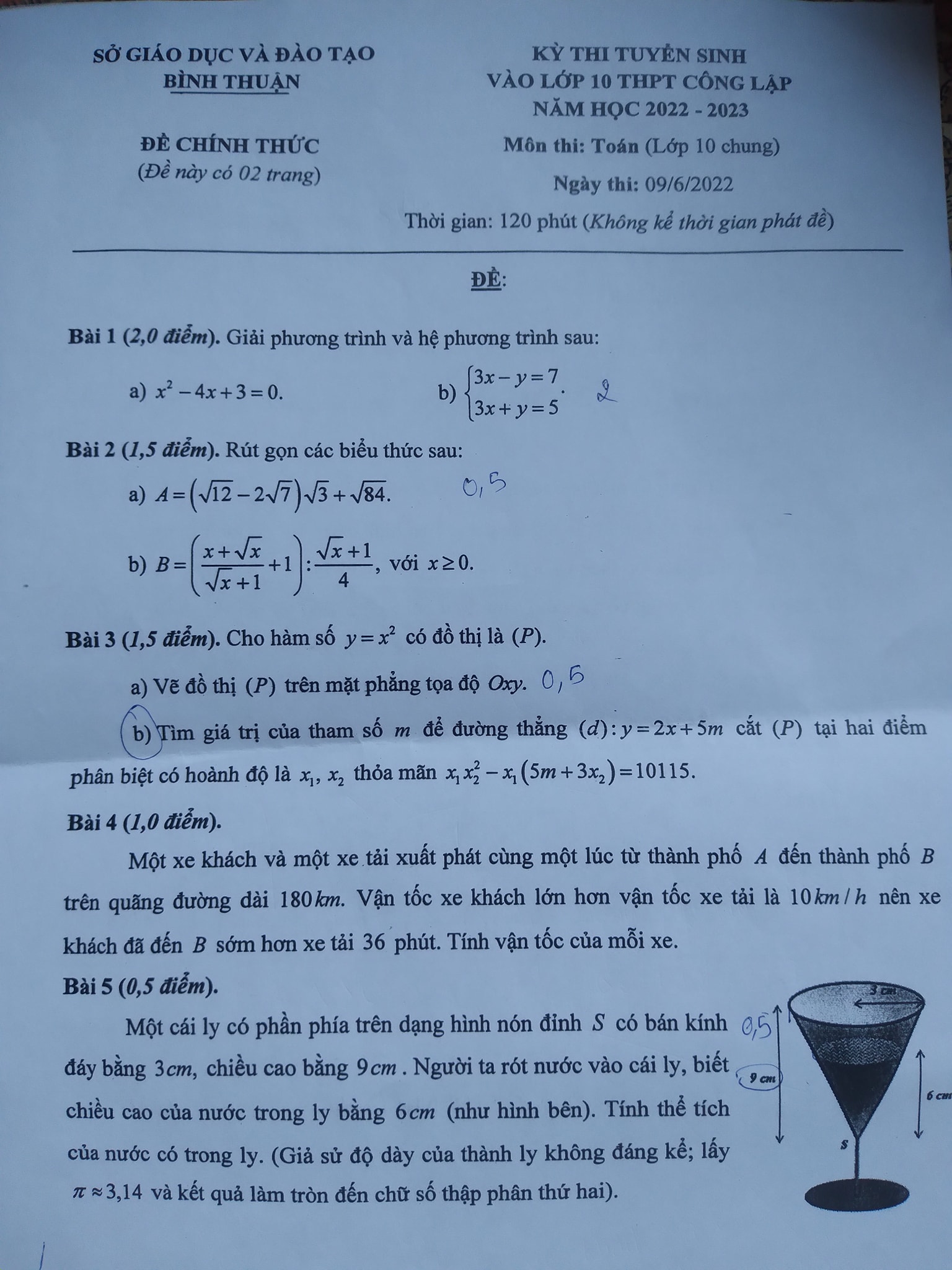 Đề thi vào 10 môn Toán Bình Thuận 2022