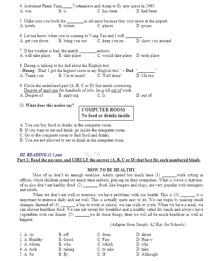Đề thi vào lớp 10 Tiếng Anh Vũng Tàu 2022