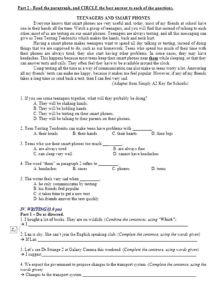 Đề thi vào lớp 10 Tiếng Anh Vũng Tàu 2022