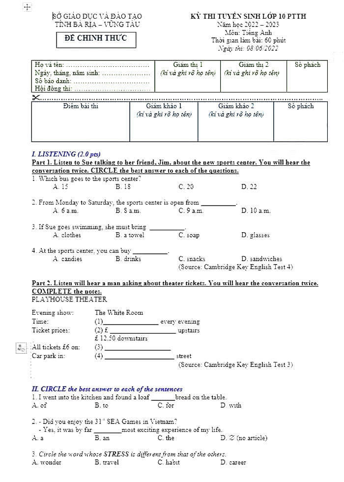 Đề thi vào 10 Tiếng Anh Vũng Tàu 2022