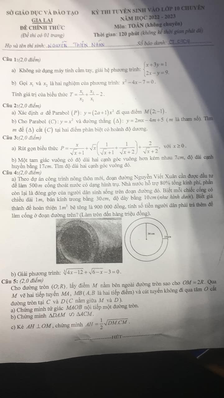 Đề thi vào 10 Toán Gia Lai 2022
