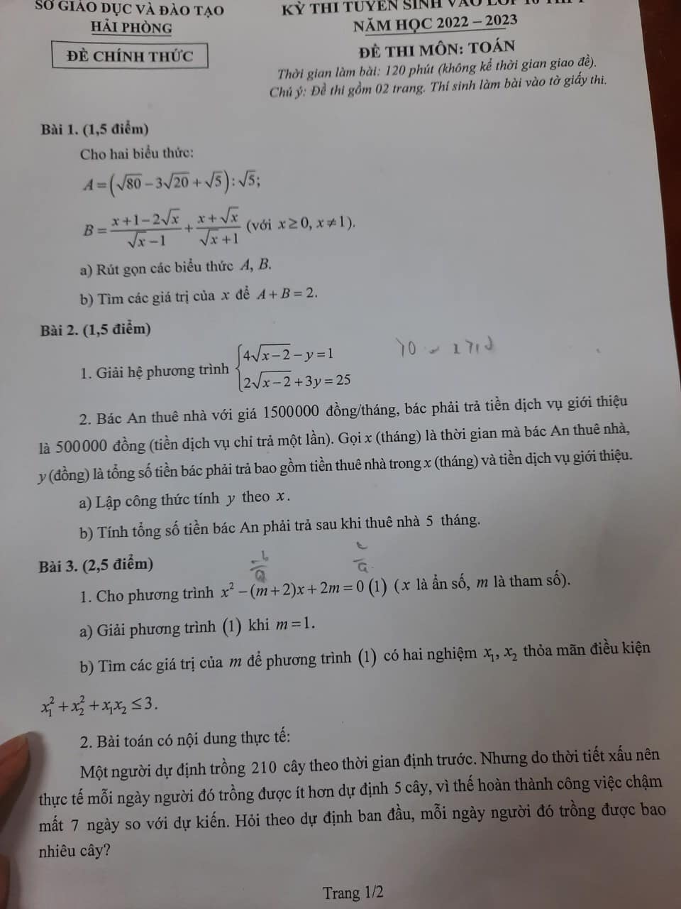 Đề thi vào 10 môn Toán Hải Phòng 2022