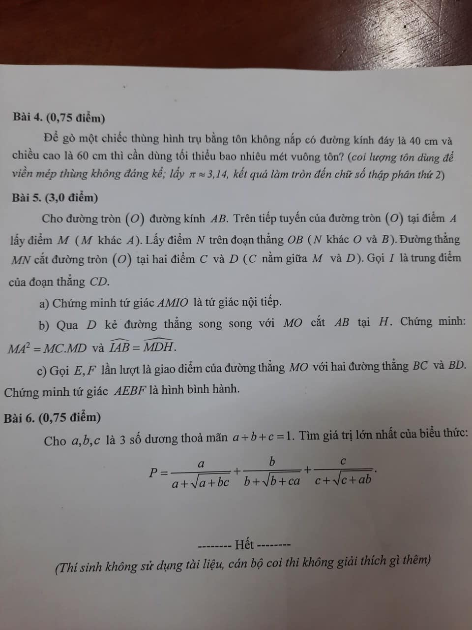 Đề thi vào 10 môn Toán Hải Phòng 2022