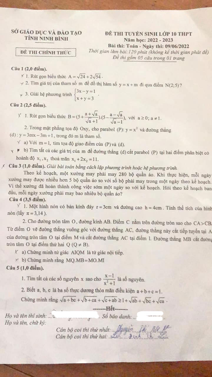 Đề thi vào 10 Toán Ninh Bình 2022
