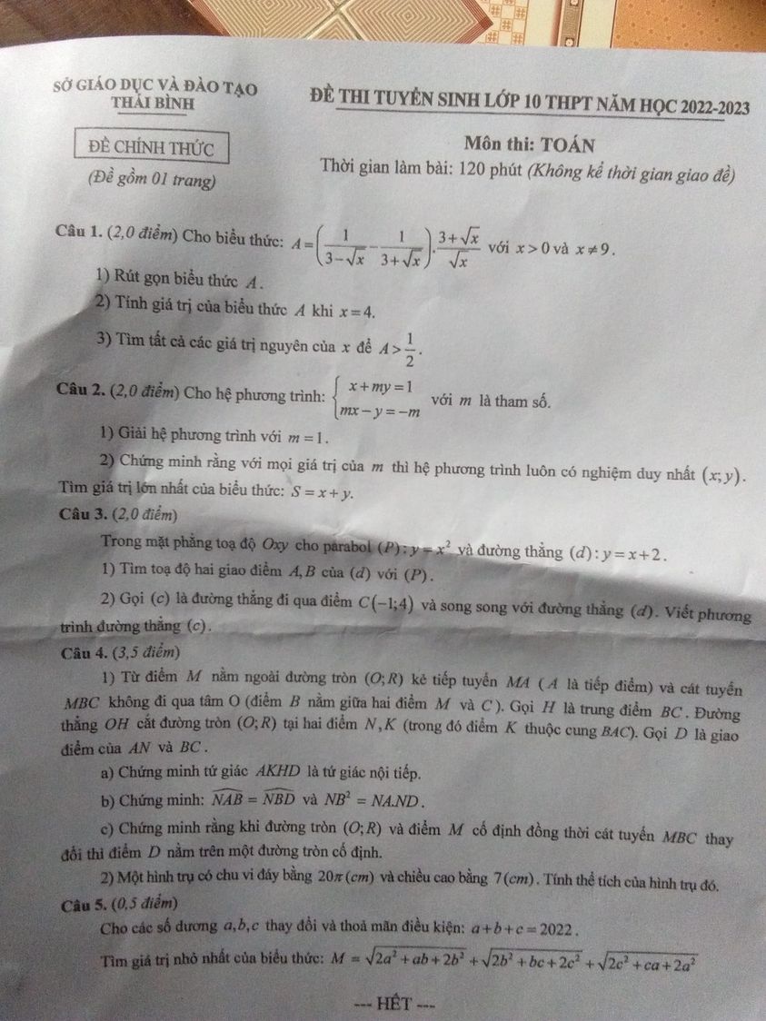Đề thi vào 10 Toán Thái Bình 2022