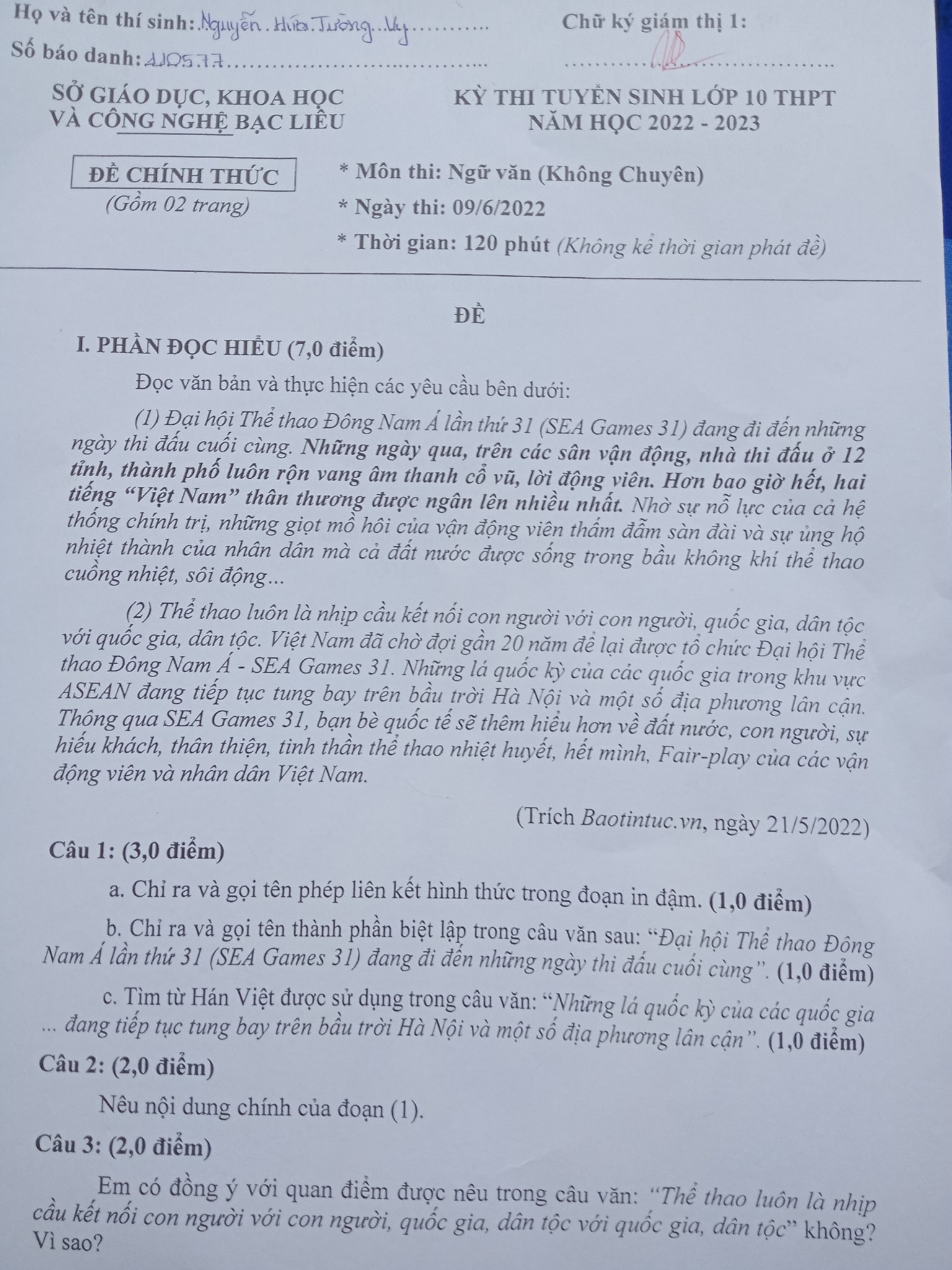 Đề thi vào 10 Văn Bạc Liêu 2022