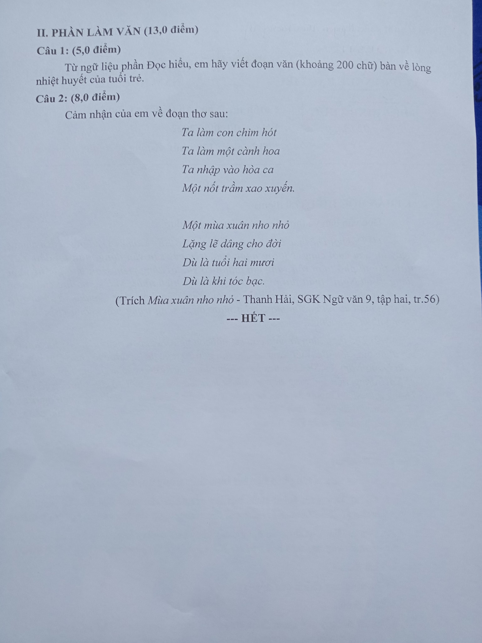 Đề thi vào 10 Văn Bạc Liêu 2022