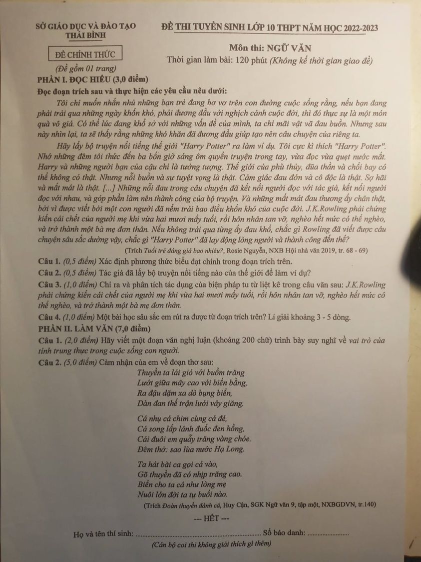 Đề thi vào 10 Văn Thái Bình 2022