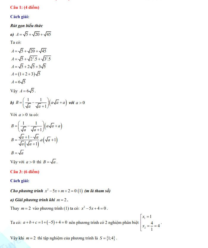 Đáp án thi vào 10 môn Toán Bạc Liêu 2022