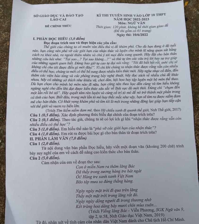Đề thi vào lớp 10 Văn Lào Cai 2022