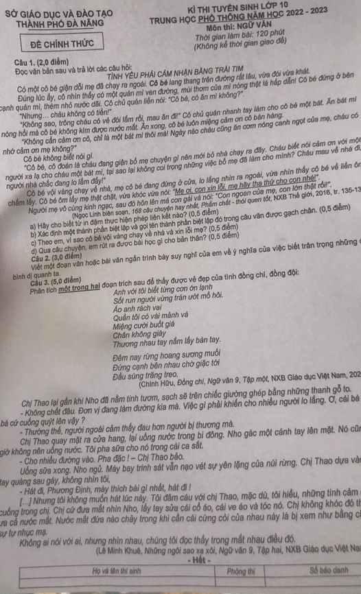 Đề thi vào lớp 10 môn Ngữ văn TP Đà Nẵng năm 2022