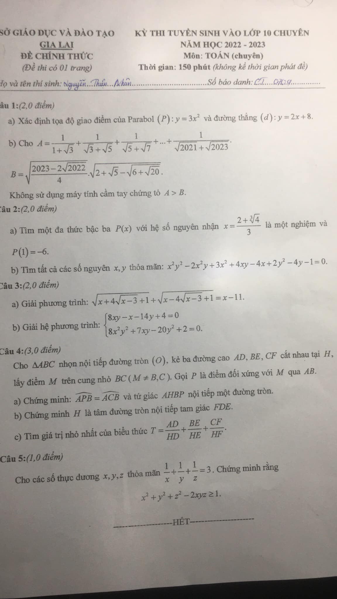 Đề thi vào 10 chuyên Toán Gia Lai 2022
