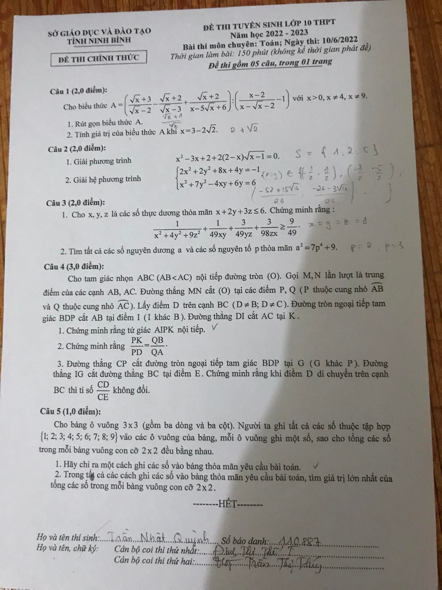 Đề tuyển sinh chuyên Toán vào lớp 10 Ninh Bình 