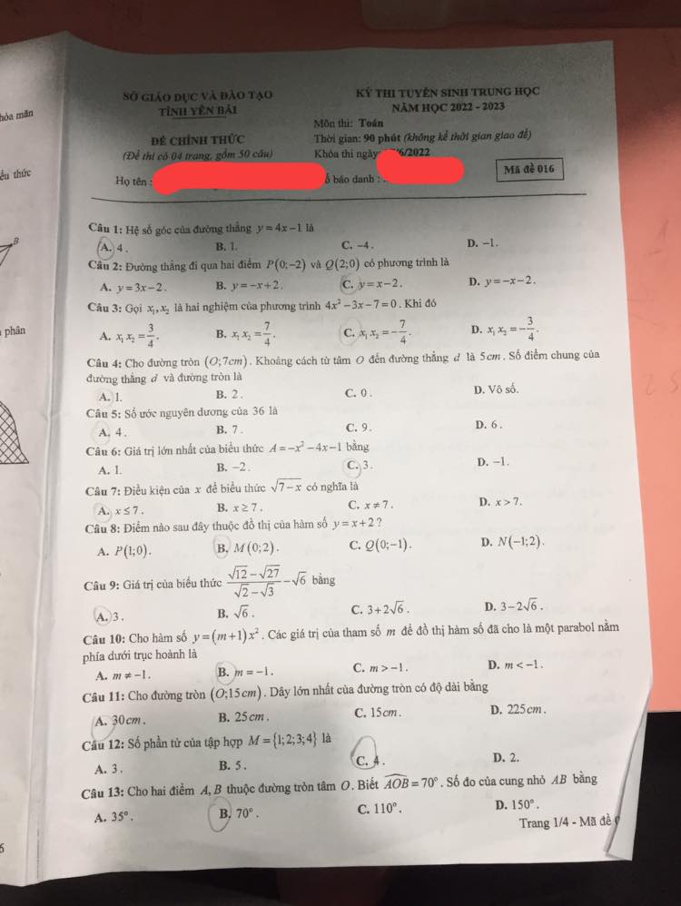 Đề thi vào 10 môn Toán Yên Bái 2022