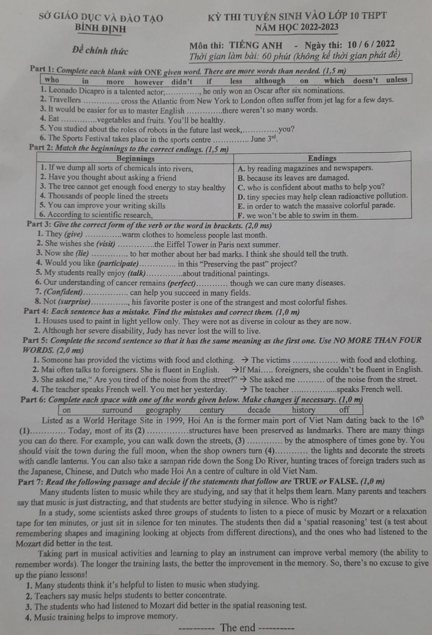 Đề thi vào 10 môn Anh Bình Định 2022