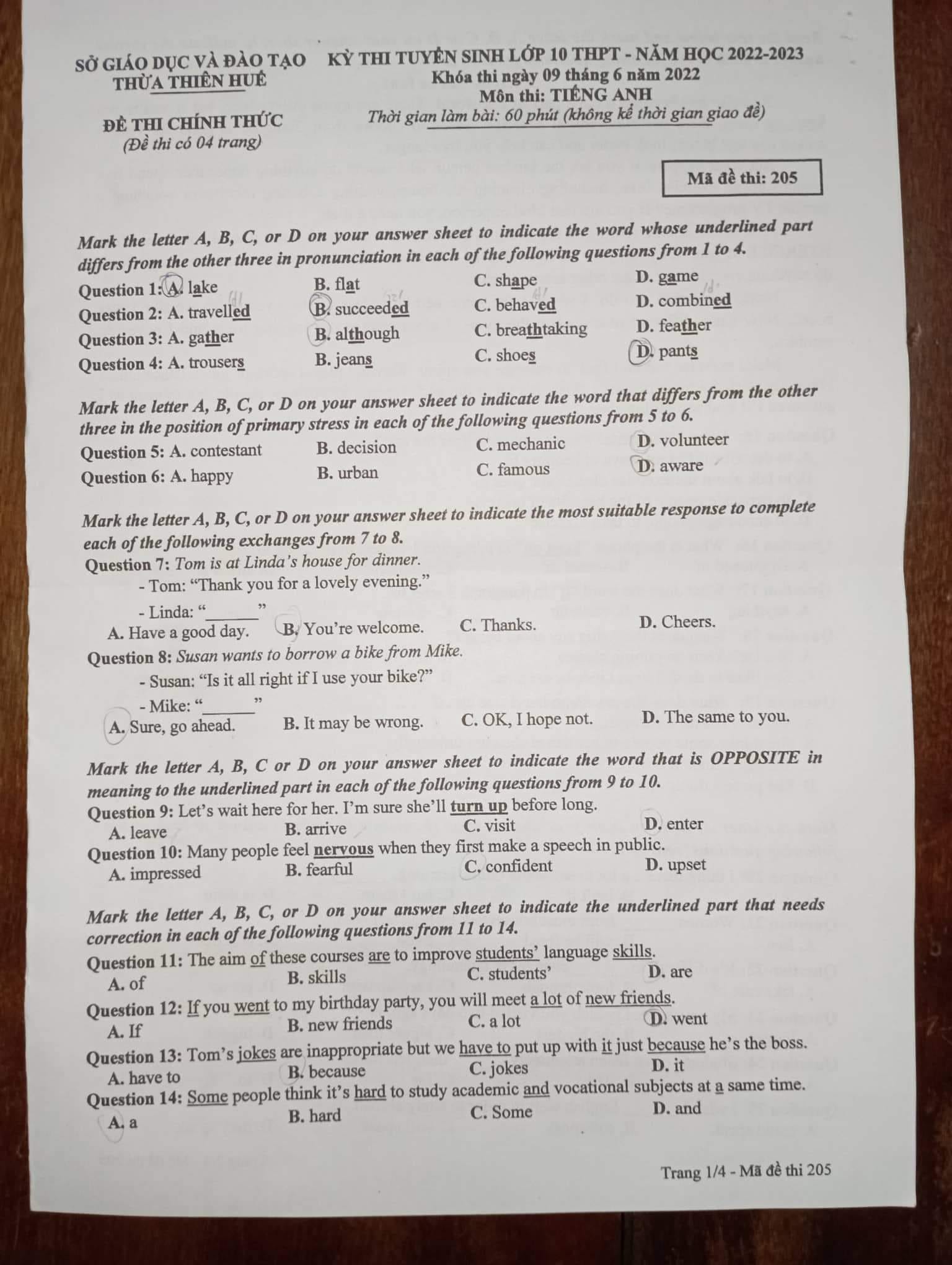 Đề thi vào 10 môn Anh Huế năm 2022