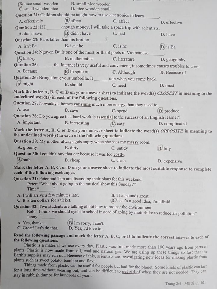 Đề thi vào 10 Tiếng Anh Thái Bình 2022